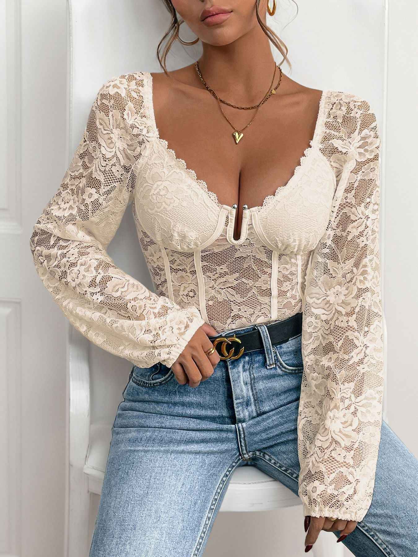 V-Neck Lace Bodysuit - Long Sleeve Sheer Style - Fashions Envy