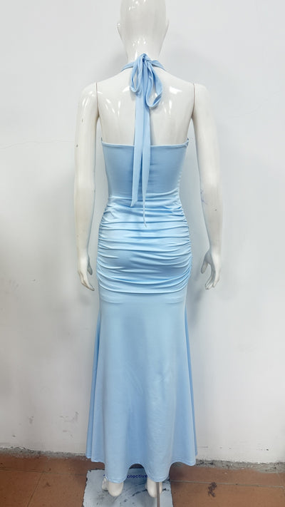 Open Back Pleated Dress - Patchwork Bodycon Gown