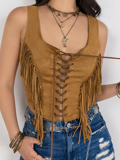 Fringe Lace-Up Vest - Fashions Envy