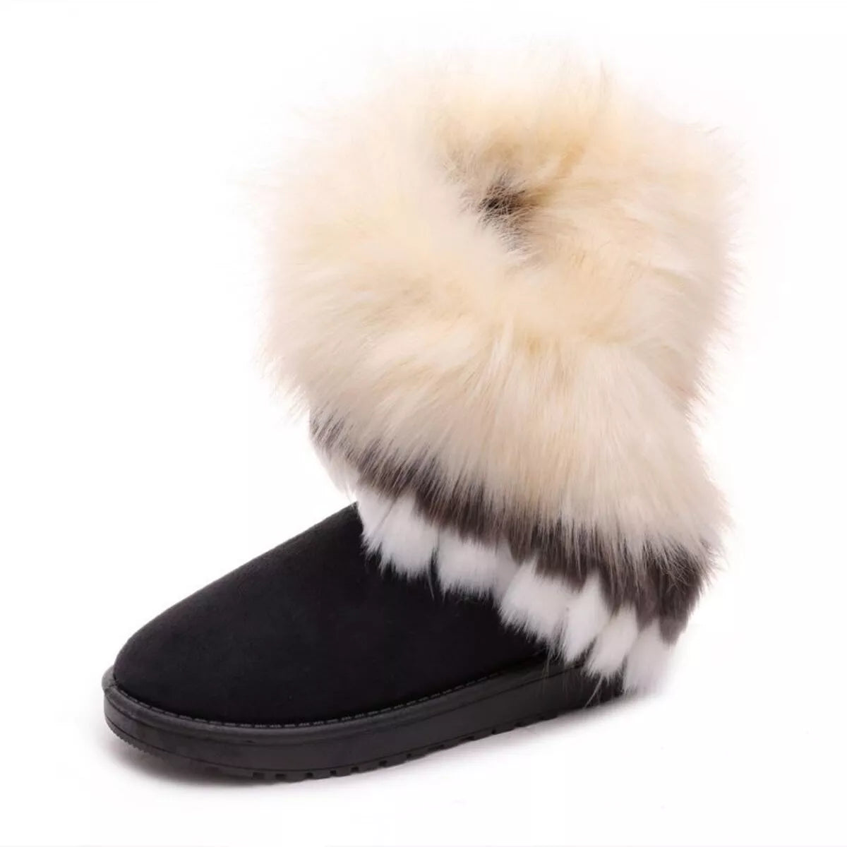 Fluffy Fur Cuff Round Toe Boots - Fashions Envy