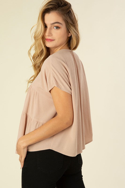 Beige Dolman Short Sleeve A Line Tiered Blouse