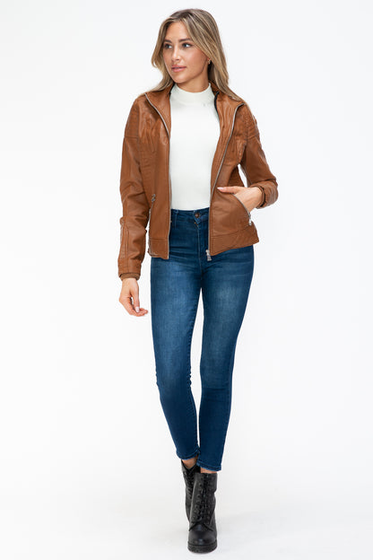 Camel Faux Layered Double-Zipper Jacket with Fuzzy Hood