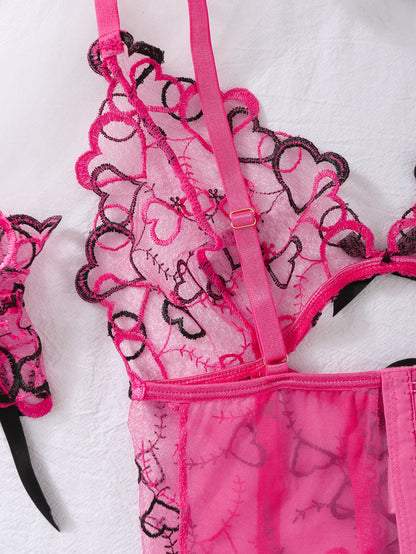 Love Embroidered Garter Set - 3PC Lace-Up Lingerie