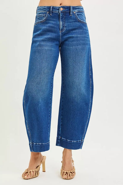 RISEN Mid Rise Crop Barrel Jeans - Fashions Envy