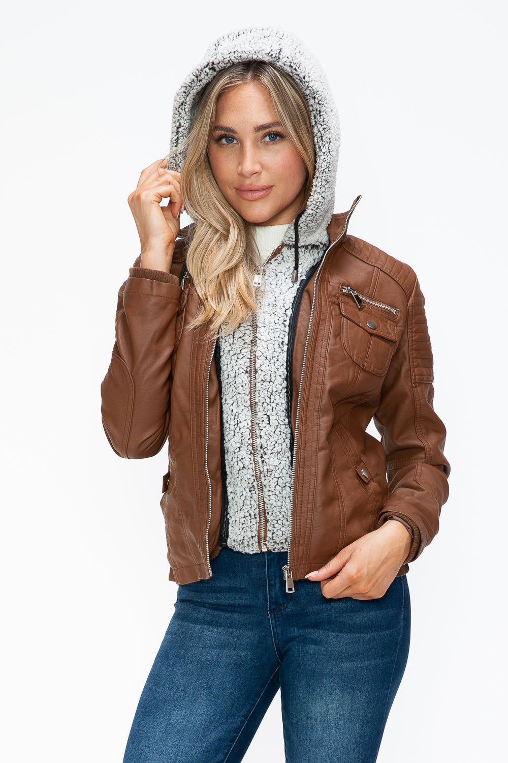 Rust Removable Faux Layered Multi-Pocket Jacket with Fuzzy Hood