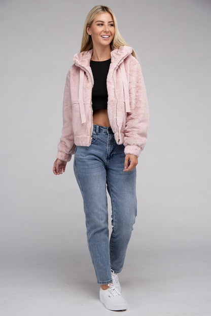 Fluffy Zip-Up Drawstring Teddy Hoodie