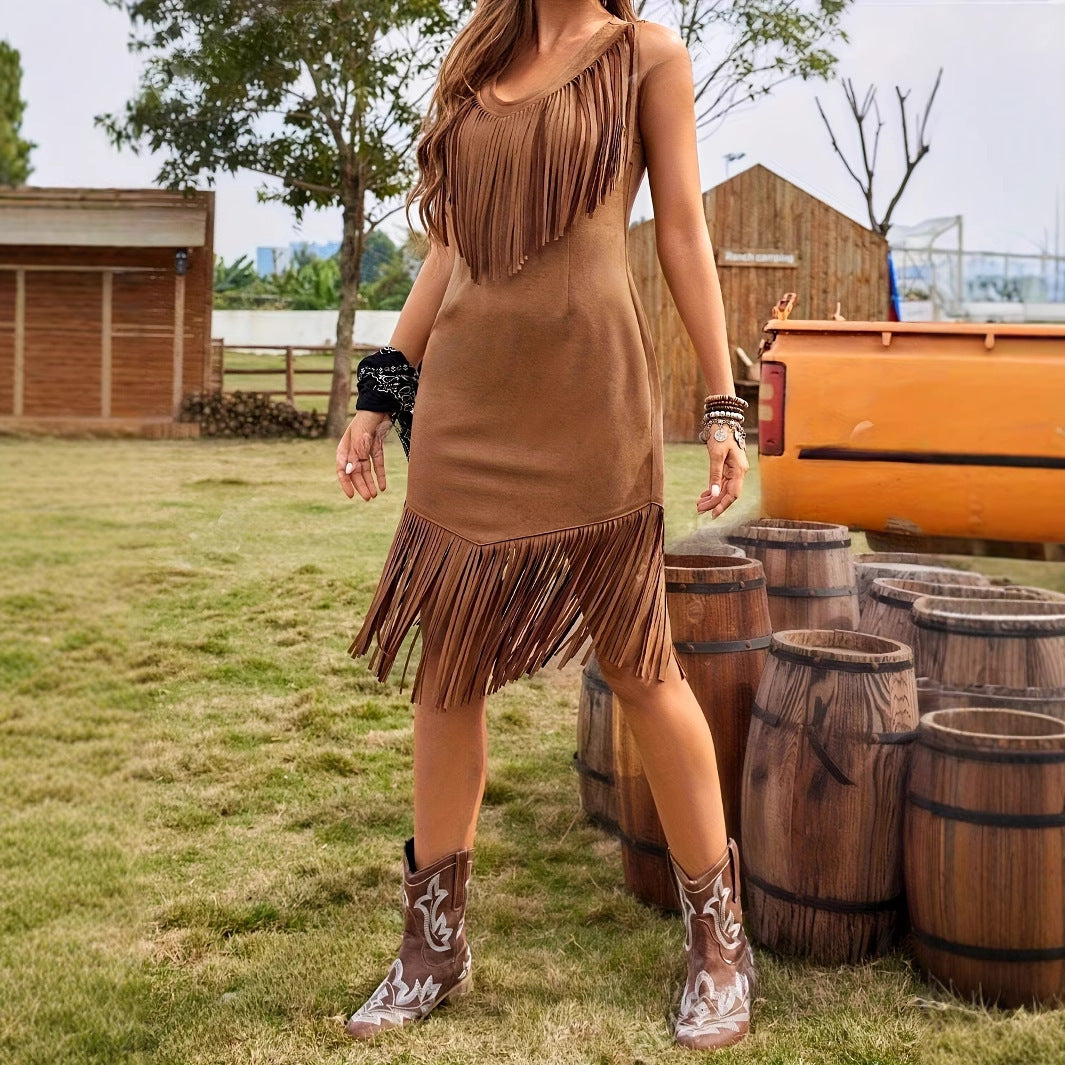 Women's Brown Western Suede Fringe Dress - Sleeveless Vacation Style