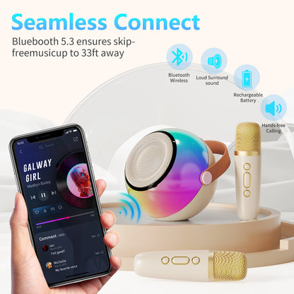 Trendsi mini karaoke machine with wireless microphones rainbow Bluetooth speaker and two gold mics