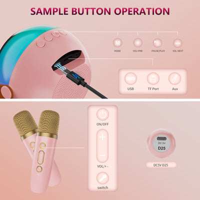 Trendsi pink mini karaoke machine with wireless microphones showing USB TF Aux ports and two gold pink microphones