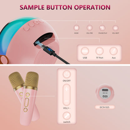 Trendsi pink mini karaoke machine with wireless microphones showing USB TF Aux ports and two gold pink microphones