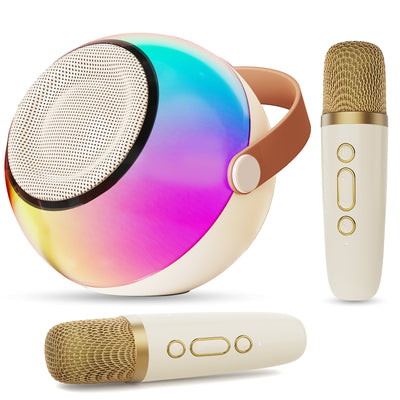 Trendsi colorful round mini karaoke machine with wireless microphones two gold mics and tan leather carry strap