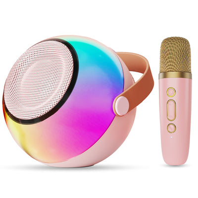 Trendsi mini karaoke machine with wireless microphones pink rainbow round speaker with handle and gold mic