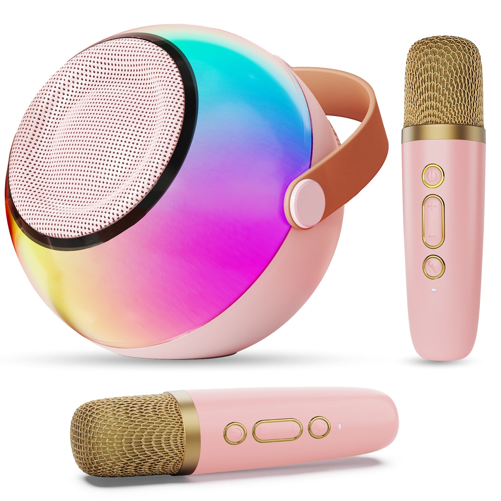 Trendsi pink mini karaoke machine with wireless microphones set featuring RGB speaker leather handle two gold mesh mics