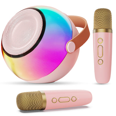 Trendsi pink mini karaoke machine with wireless microphones set featuring RGB speaker leather handle two gold mesh mics