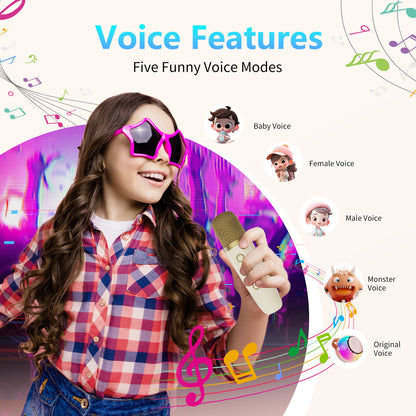 mini karaoke machine with wireless microphones showing girl in star sunglasses singing into a gold mic with voice mode icons