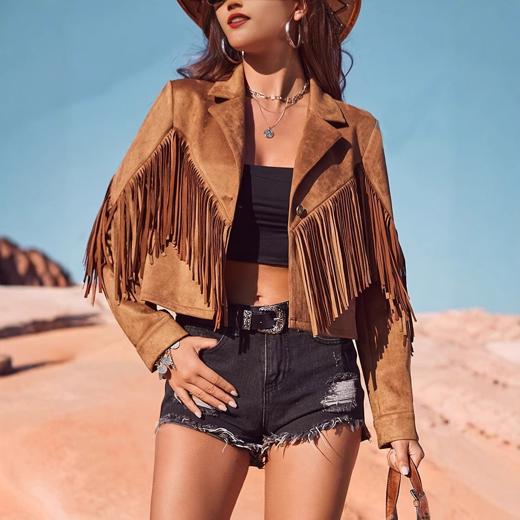 Women's Western Style Brown Suede Fringe Jacket - Vacation Outerwear