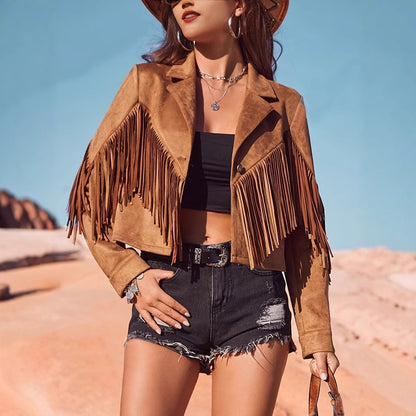 Women's Western Style Brown Suede Fringe Jacket - Vacation Outerwear