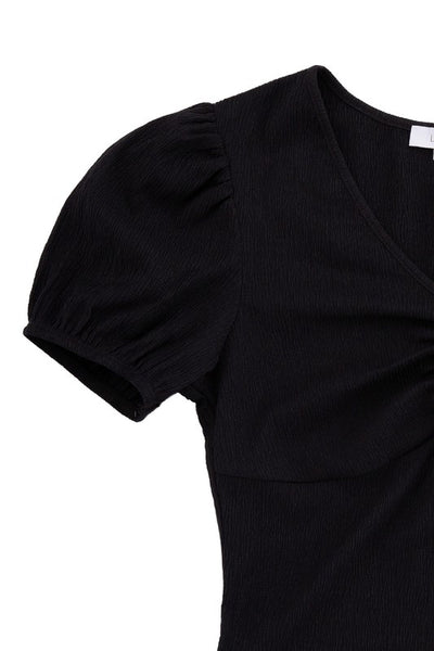 Shirred V-Neck Short Puff Sleeve Top