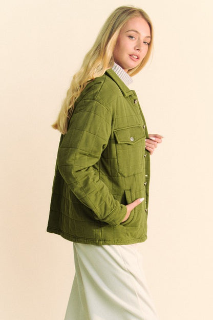 Yellow-Green Quilted Button Down Shacket with Chest Pockets