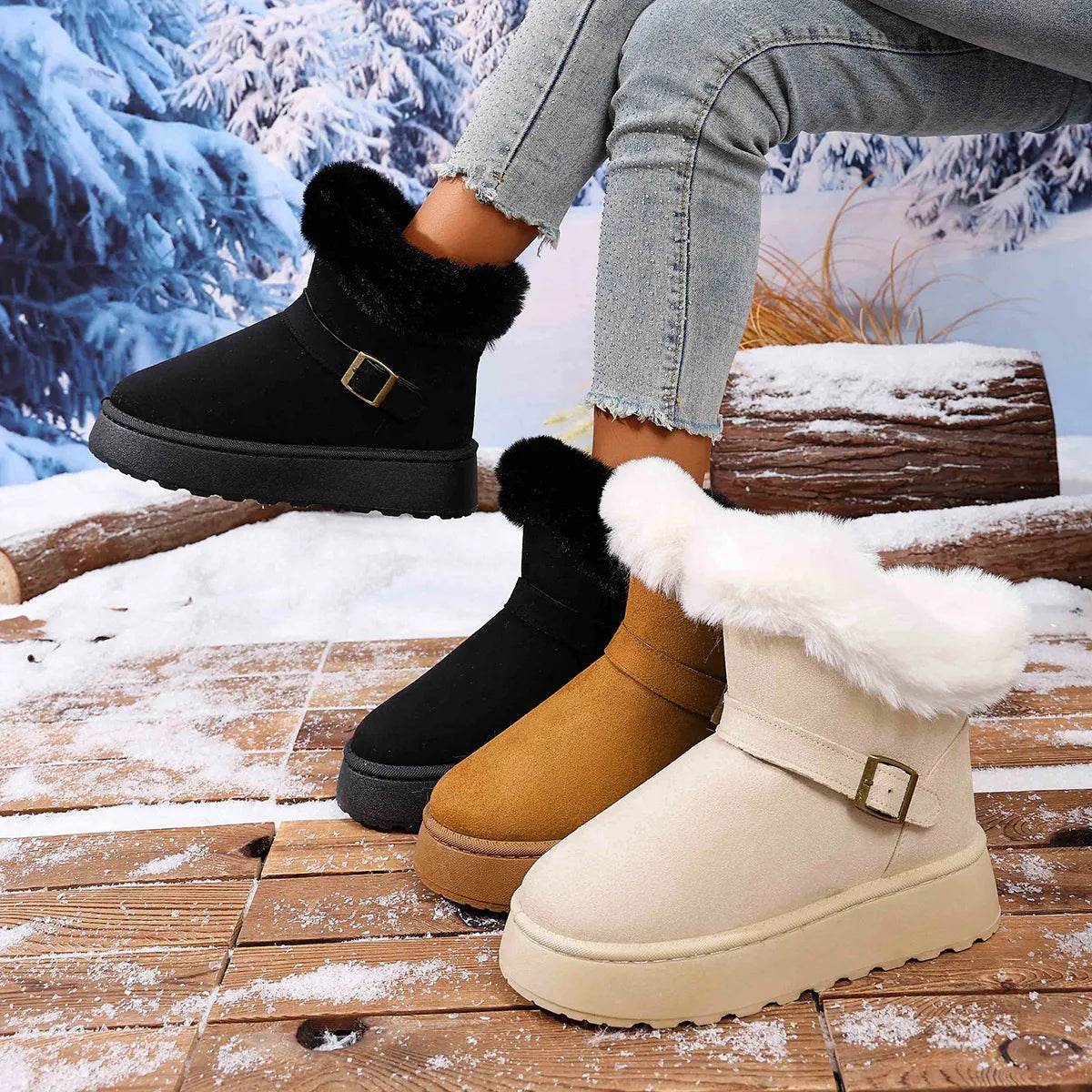 Cozy Round Toe Platform Boots with Fluff Lining - Fashions Envy