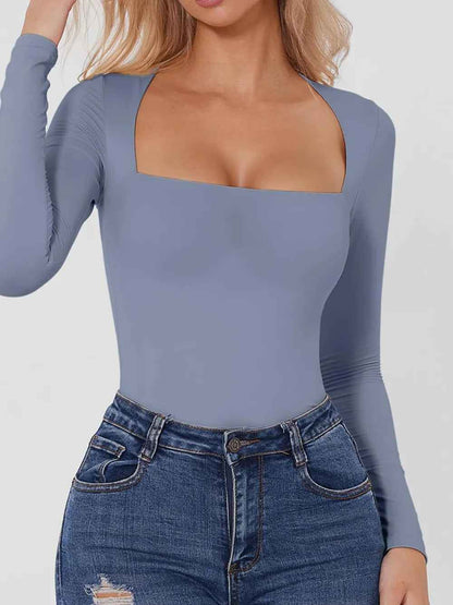 Square Neck Long Sleeve Bodysuit - Sleek Fitted Style - Fashions Envy