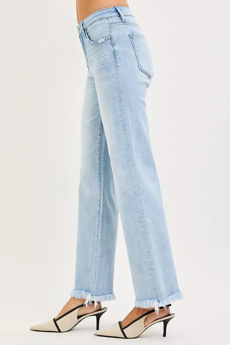 RISEN Ankle Straight Jeans - Tummy Control Mid Rise Fray Hem - Fashions Envy