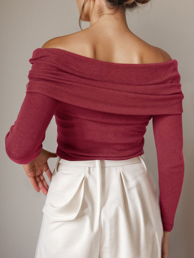 Off-Shoulder Sweater - Long Sleeve Knit Pullover