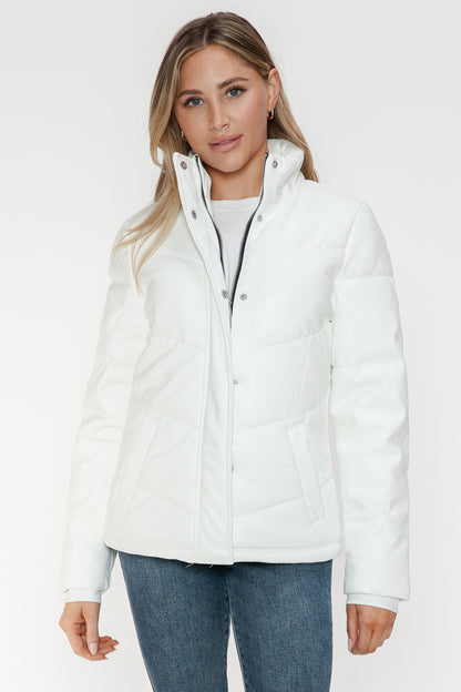 Pocketed Zip Up Turtleneck White Puffer Jacket