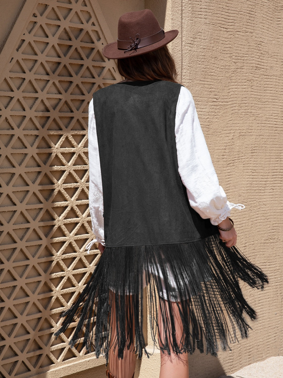 Faux Suede Fringe Hem Open Front Vest - Fashions Envy