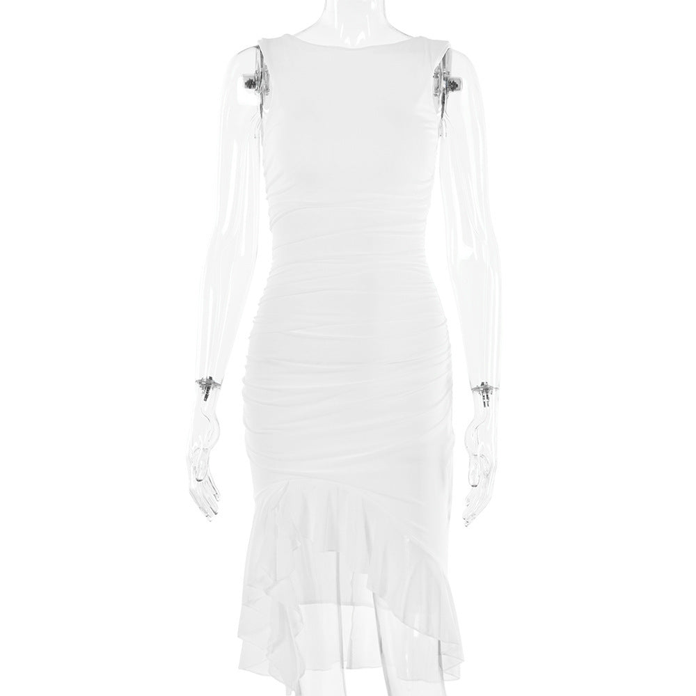 High-Neck Ruffle Hem solid Color Midi Dress