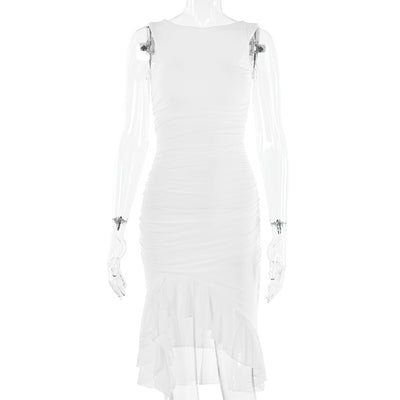 High-Neck Ruffle Hem solid Color Midi Dress