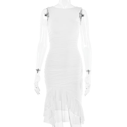 High-Neck Ruffle Hem solid Color Midi Dress