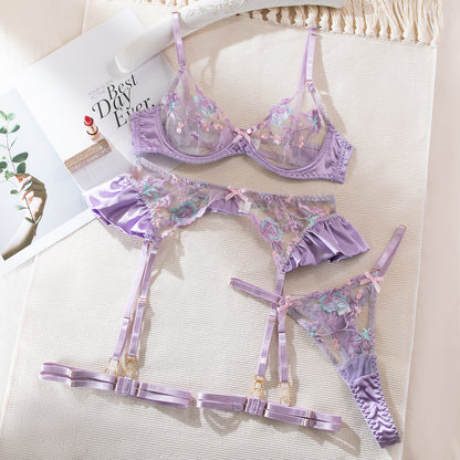 Floral Embroidered Garter Set - Contrast Color Intimate Wear