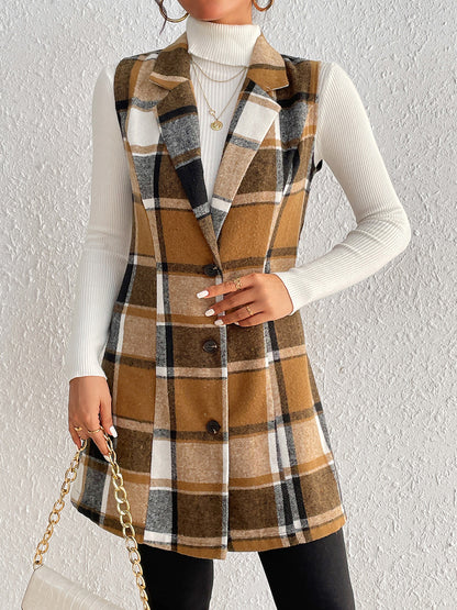 Honey Plaid Lapel Collar Vest - Fashions Envy