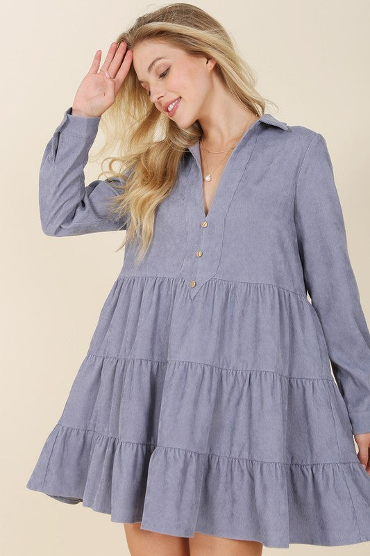 Corduroy Tiered Long Sleeve Mini Dress