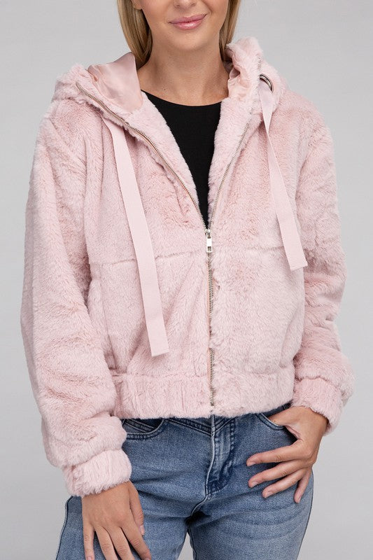 Fluffy Zip-Up Drawstring Teddy Hoodie