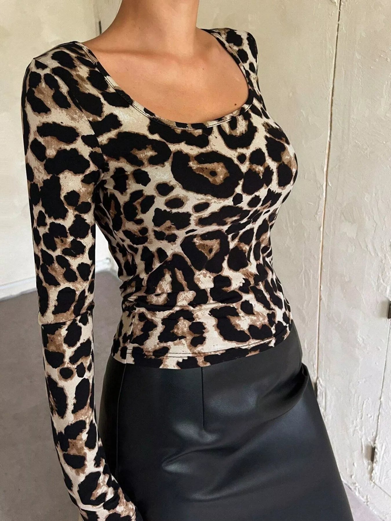 Leopard Print Top - Square Neck Long Sleeve - Fashions Envy