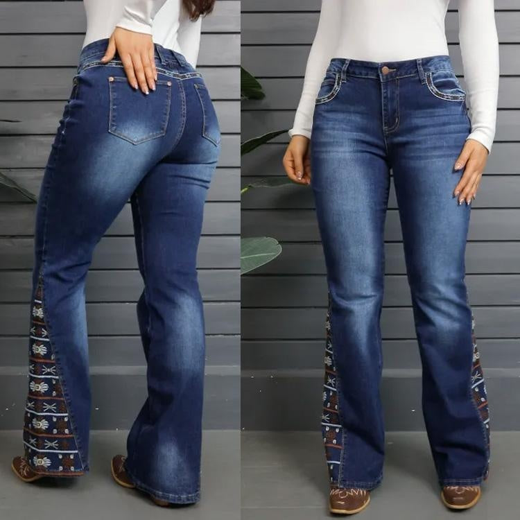High-Waist Wide Leg Embroidered Jeans - Statement Denim