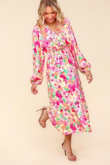 Pink-Multicolor Full Size Floral Surplice Balloon Sleeve Dress with Side Pockets