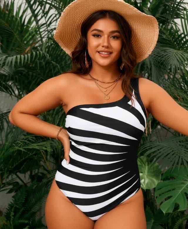 Striped Plus Size One Piece Swimsuit - Scoop Neck Sleeveless