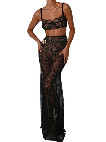 Passionate Goddess Sexy Sheer Mesh Bra Halter Top & Maxi Skirt Set