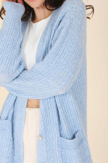 Light Blue Wool Blended Stretch Cable Knitted Cardigan