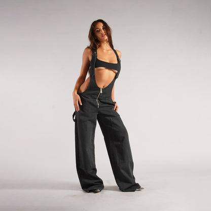 Denim Overalls - Y2K Zipper Suspender Wide Leg Jeans