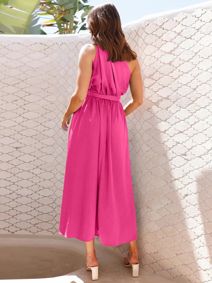 Ruched Single Shoulder Belted Midi Dress