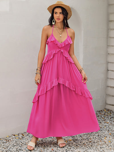Hot Pink Ruffled Halter Neck Maxi Dress