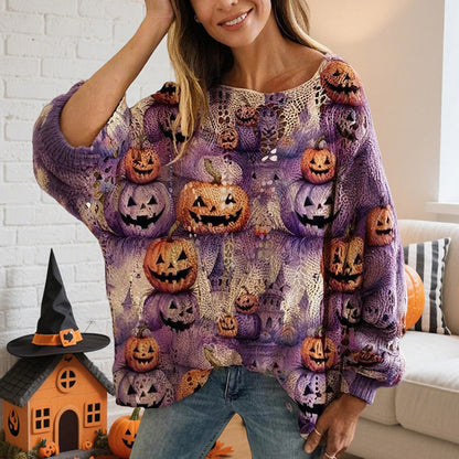 Diamond Hollow Out Batwing Sleeve Top - Loose Fit Pumpkin Halloween Print