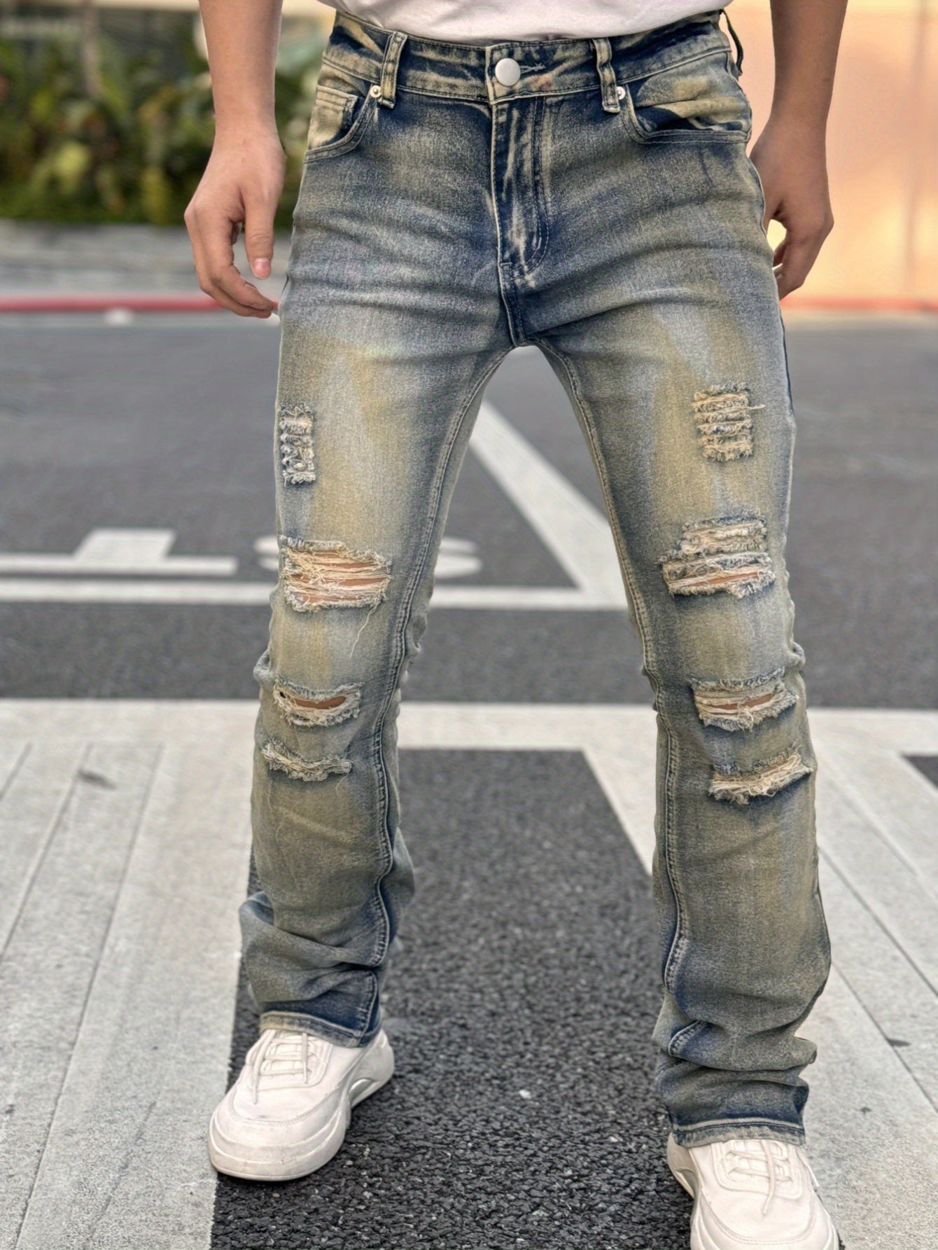 Ombre Pattern Ripped Fashion Stretch Jeans