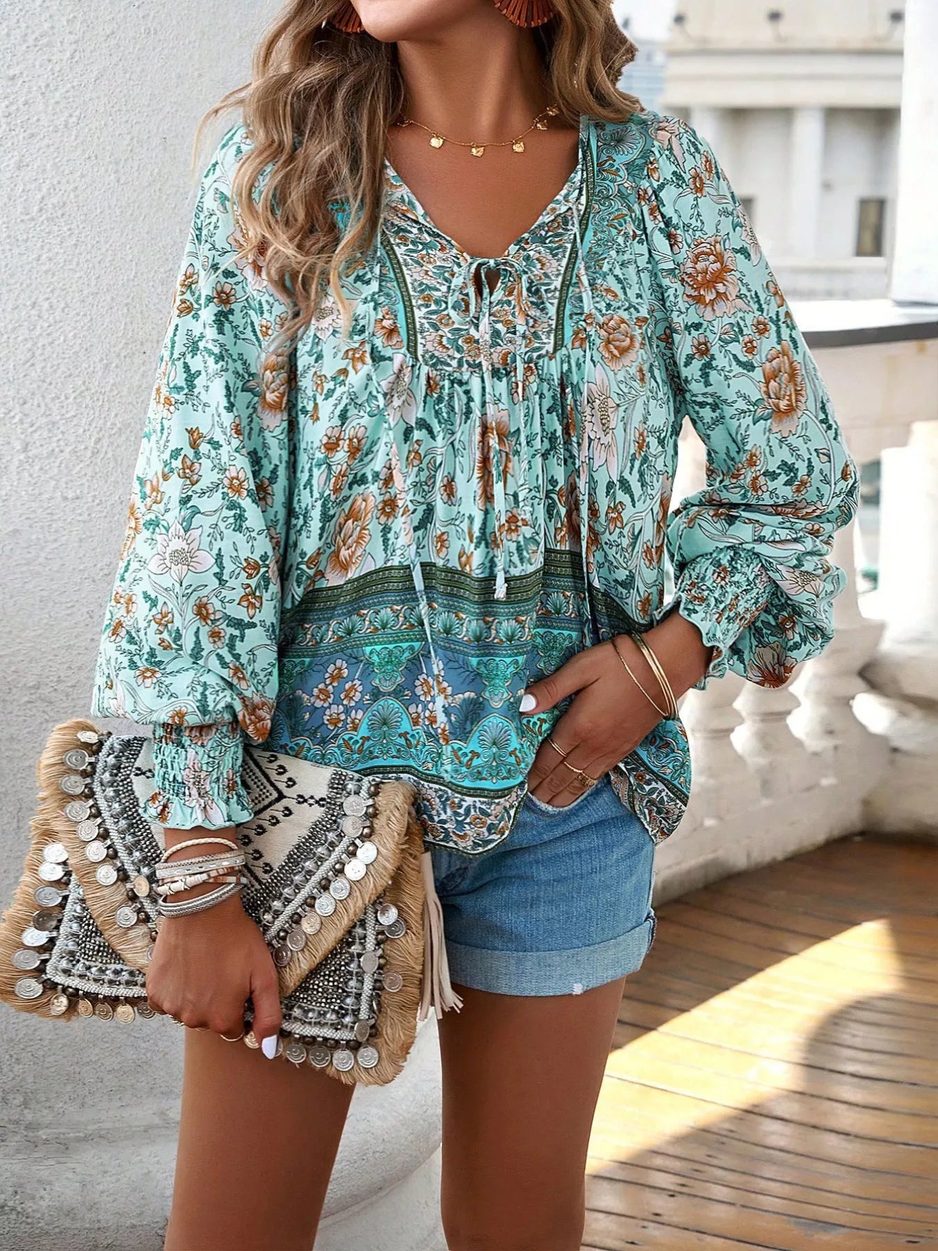 Bohemian Blouse - Floral Print Tie Neck - Fashions Envy