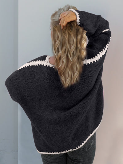 Double Take Contrast Open Front Dropped Shoulder Cardigan - Fashions Envy