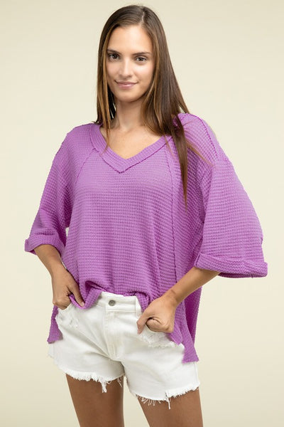 Brushed Waffle Exposed-Seam 3/4 Sleeve Top - Fashions Envy